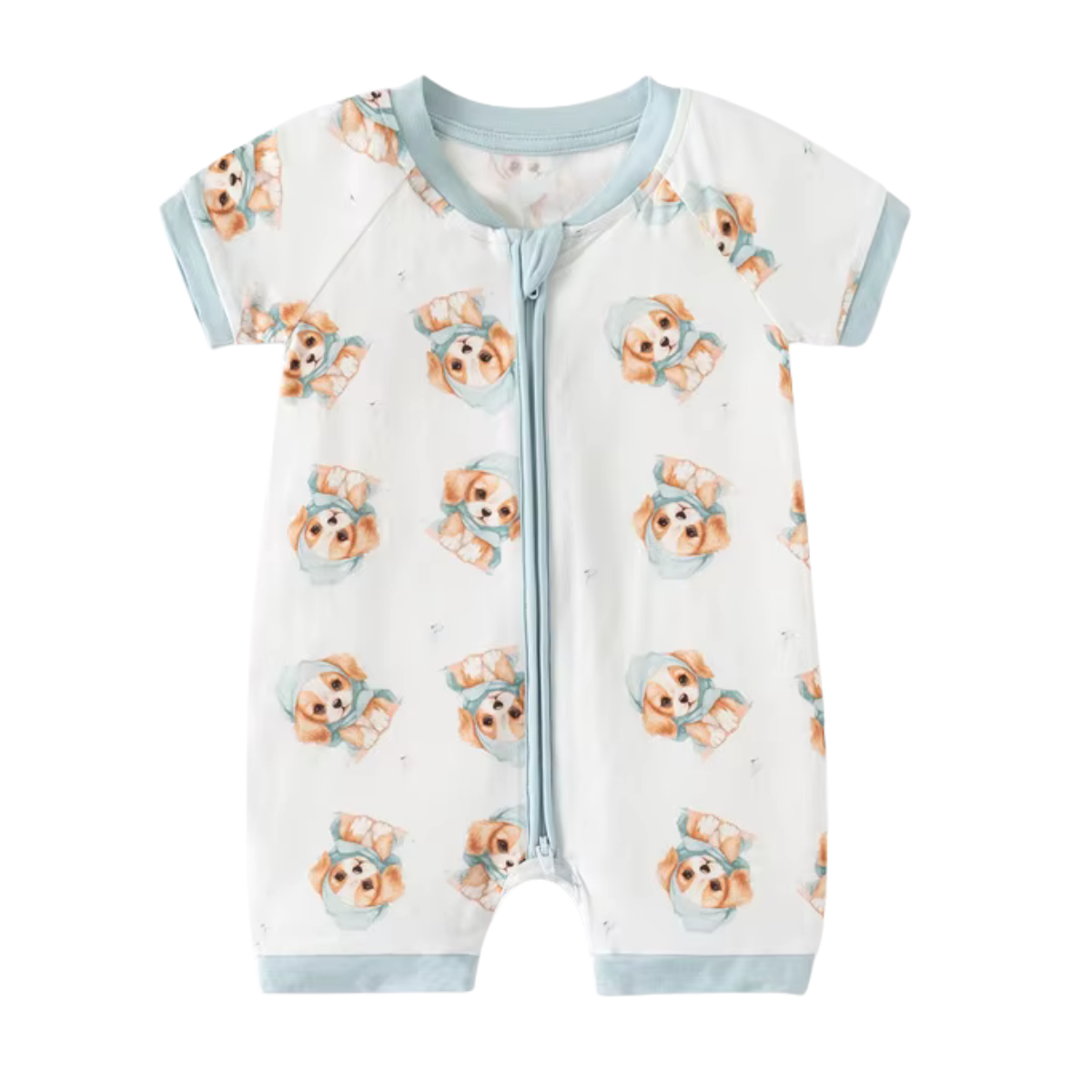 Enterito corto de bebé de bambú con estampa de perritos, cierre frontal y terminaciones celestes